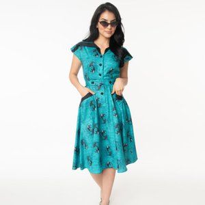 Blue Retro Pinup Vampire Mermaid Print Hedda Swing Dress by Unique Vintage